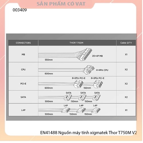 Nguồn máy tính xigmatek EN41488  Thor T750M V2 (750W, Modular, 80Plus Bronze) dây cắm rời - Chính hãng