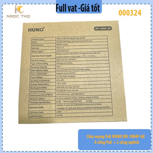 Chia mạng PoE HUNO HN‑1004P‑GE – 4 cổng PoE + 2 cổng uplink – Gigabit 1000Mbps – Switch PoE cho Camera & AP