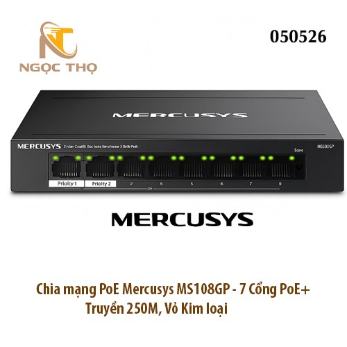 Switch PoE Mercusys MS108GP – Chia mạng Poe 7 cổng PoE+ | 1 cổng uplink | Gigabit | Truyền 250m (Extend) | Vỏ kim loại