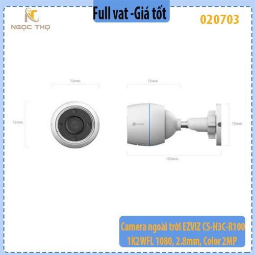 Camera Wi-Fi ngoài trời EZVIZ CS-H3C-R100-1K2WFL – 2MP 1080p, màu ban đêm, IR 30m, IP67 – Chính hãng – Full VAT – BH 24T