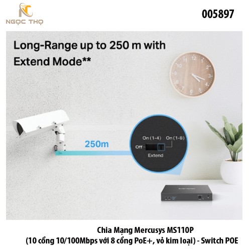 Switch PoE Mercusys MS110P – Chia mạng PoE -  8 cổng Poe | 2 uplink | 10/100Mbps | 65W | Vỏ kim loại