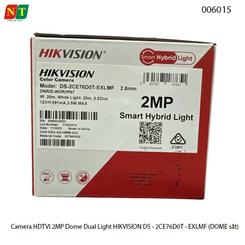 Camera Hikvision DS-2CE76D0T-EXLMF – Dome HDTVI 2MP – Smart Hybrid Light – Vỏ kim loại – IR 20m – Chính hãng – Full VAT