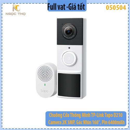 Chuông Cửa Thông Minh TP-Link Tapo D210 – Camera 2K 3MP, Góc Nhìn 160°, Pin 6400mAh, Đàm Thoại 2 Chiều, Hồng Ngoại Màu