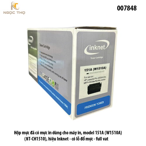 Hộp mực Inknet 151A (W1510A) (NT-CH1510) – Đã có mực – Có lỗ đổ mực – Dùng cho HP 4003/4103 – Full VAT