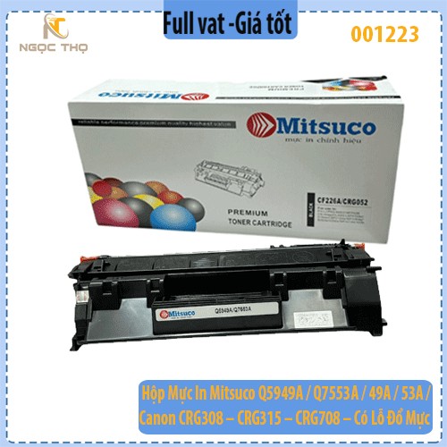 Hộp Mực In Mitsuco Q5949A / Q7553A / 49A / 53A / Canon CRG308 – CRG315 – CRG708 – Có Lỗ Đổ Mực – Bản In Đậm Nét