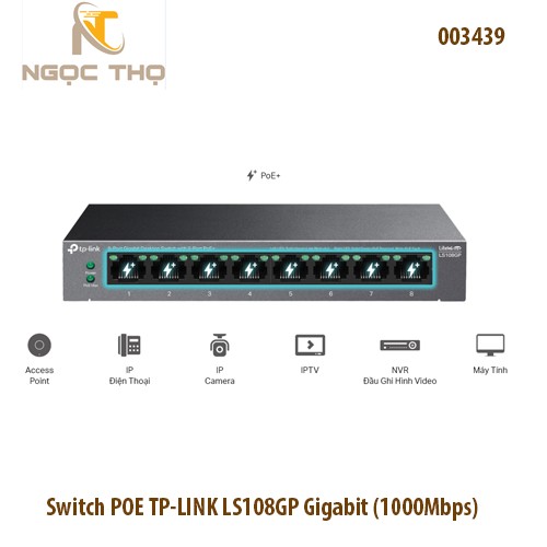 Switch chia mạng PoE TP-Link LS108GP – 8 cổng Gigabit (1000Mbps) | PoE+ 802.3af/at | PoE Auto-Recovery | Extend 250m