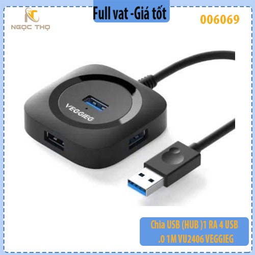 Bộ Chia USB 2.0 HUB Veggieg VU2406 – 4 Cổng, Dây Dài 1m – Kết Nối Laptop, PC – Hàng Chính Hãng – Full VAT