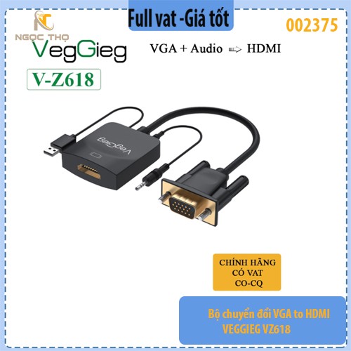 Bộ chuyển đổi VGA to HDMI VEGGIEG VZ618 – Dài 15cm – Hàng chính hãng – Có âm thanh – Dễ dùng