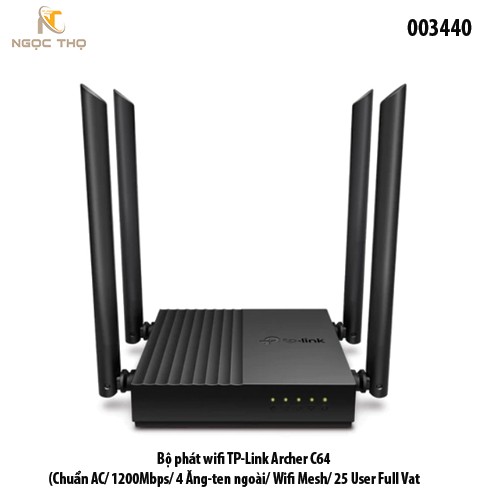 Bộ phát Wi-Fi TP-Link Archer C64 – Router Gigabit AC1200, MU-MIMO, EasyMesh, 4 Ăng-ten ngoài – Chính hãng Full VAT