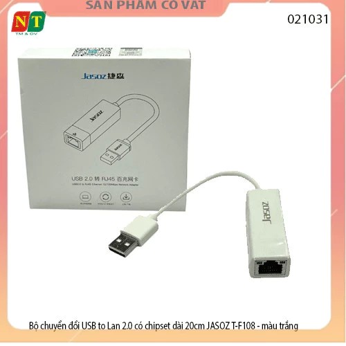 Bộ chuyển đổi USB to Lan 2.0 có chipset dài 20cm JASOZ T-F108 - màu trắng - chính hãng - full vat