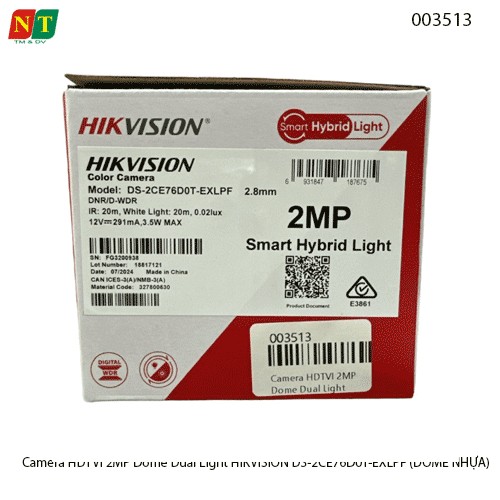 Camera HDTVI 2MP Dome Dual Light HIKVISION DS-2CE76D0T-EXLPF- Hàng chính hãng - Full vat