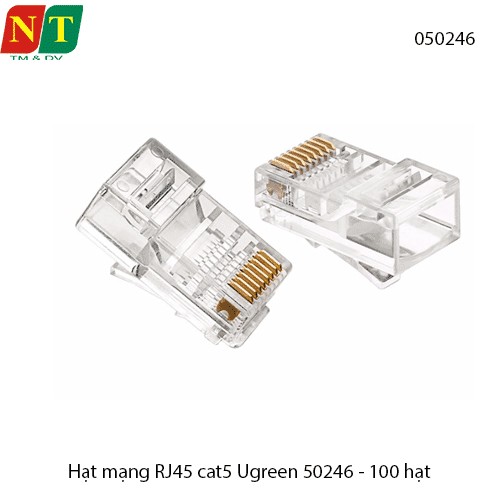 Hạt mạng RJ45 Cat5e UGREEN 50246 – chân đồng mạ vàng 24K, nhựa trong dẻo – Túi 100 cái – Chính hãng – Full Vat