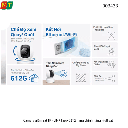 Camera Wi-Fi TP-Link Tapo C212 – 3MP 2K, quay quét 360°, IR 10m, đàm thoại 2 chiều – Chính hãng – Full VAT – BH 24T