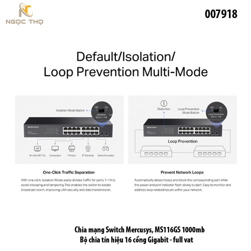 Switch Mercusys MS116GS – Bộ Chia Mạng 16 Cổng Gigabit 10/100/ 1000Mbps – Hiệu Suất Cao – Vỏ Kim Loại – Hàng Chính Hãng