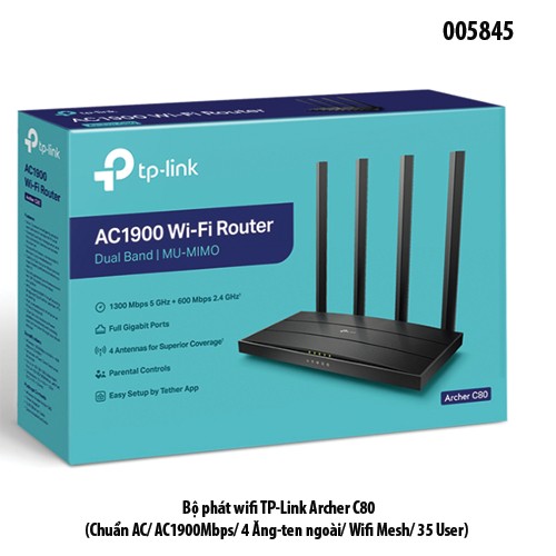 Bộ Phát Wi-Fi TP-Link Archer C80 – Router Chuẩn AC1900Mbps – 4 Ăng-ten Ngoài – Hỗ Trợ Mesh – 35 User – Chính Hãng