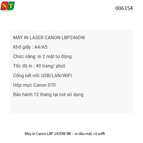 Máy in laser đen trắng Canon LBP243DW nhập khẩu  – A4 / A5, In đảo mặt, USB, WiFi  - full vat