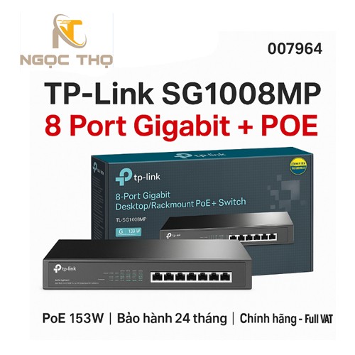 Switch PoE TP-Link SG1008MP – Chia mạng Poe - 8 cổng Gigabit PoE+ | Tổng công suất 126W | Vỏ kim loại – Chính hãng