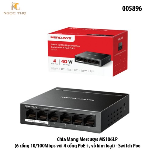 Chia Mạng POE Mercusys MS106LP ( 2 Uplink cổng 10/100Mbps với 4 cổng PoE+, vỏ kim loại) - Switch Poe - chính hãng