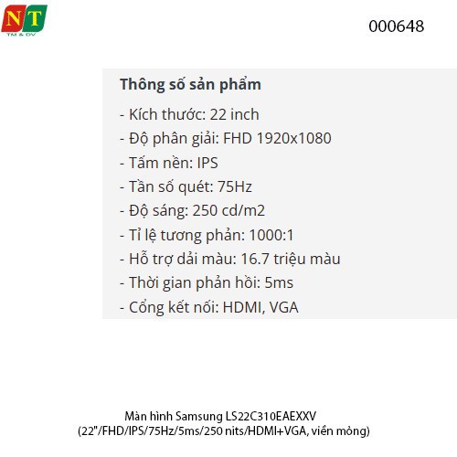 Màn hình Samsung LS22C310EAEXXV (22"/FHD/IPS/75Hz/5ms/250 nits/HDMI+VGA, viền mỏng) - Hàng chính hãng - full vat