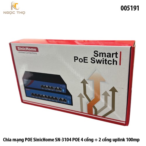 Chia mạng PoE SinicHome SN‑3104POE – 4 PoE 10/100 + 2 uplink 10/100 – Extend 250m – Chính hãng – Full VAT
