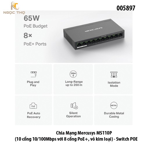 Switch PoE Mercusys MS110P – Chia mạng PoE -  8 cổng Poe | 2 uplink | 10/100Mbps | 65W | Vỏ kim loại