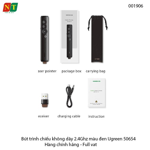 Bút trình chiếu không dây Ugreen 50654 – 2.4GHz – có laser – màu đen – chính hãng – bảo hành 24 tháng – full VAT