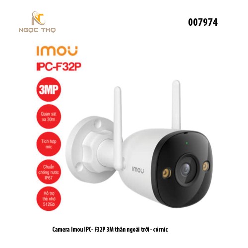 Camera Wi-Fi ngoài trời IMOU IPC-F32P (Bullet 2C 3MP) – 3MP 1296p, IR 30m, AI phát hiện người, IP67 – Chính hãng