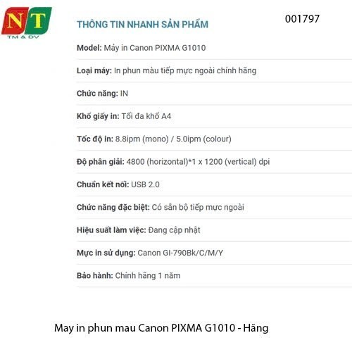 Máy in phun màu Canon PIXMA G1010 – kèm mực GI-790 chính hãng – khổ A4 – đơn năng – full VAT