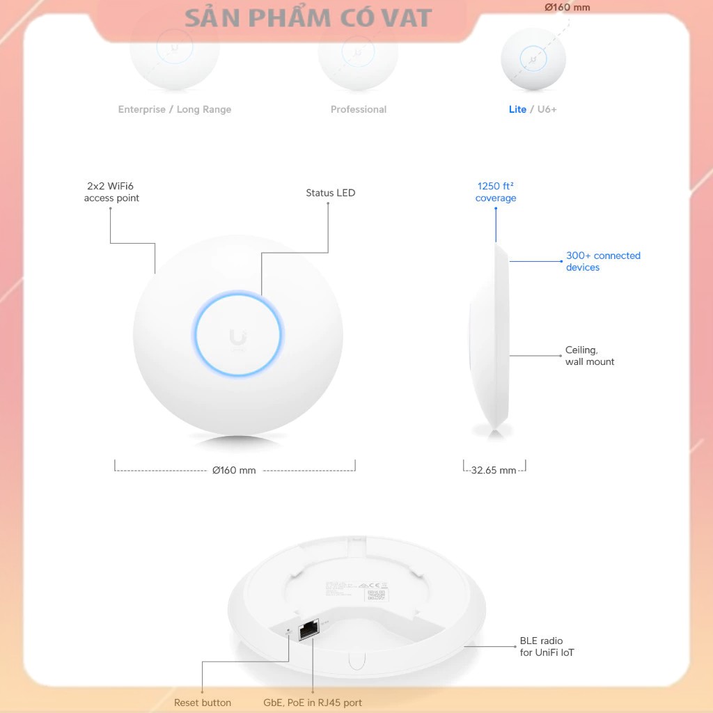 Bộ phát Ubiquiti UniFi U6 Lite - WiFi 6 chuẩn AX, tốc độ 1501Mbps, Hỗ trợ 300 User