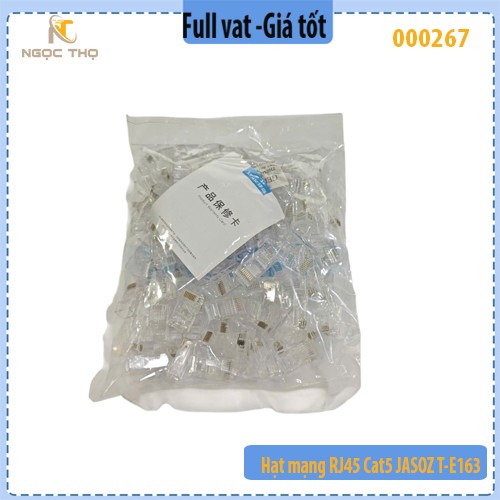 Hạt mạng RJ45 Cat5e JASOZ T‑E163 – Chân đồng mạ vàng 1U (chèn mạ niken) – Hộp 100 cái – Chính hãng – Full VAT