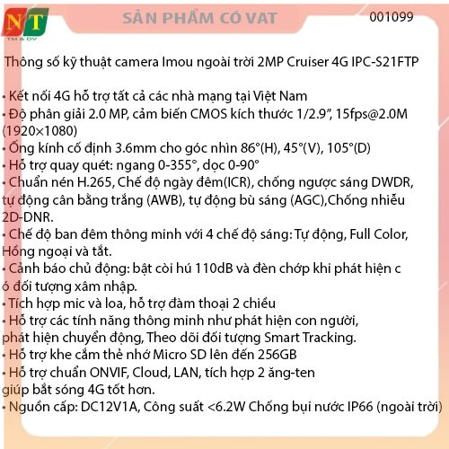 Camera dùng sim 4G Imou Cruiser 2MP 4G S21FTP - Hàng chính hãng - full vat