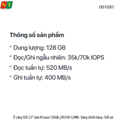 Ổ cứng SSD Lexar 128GB 2.5" SATA III (LNS100-128RB) – Đọc tới 520MB/s – Chính hãng – Full VAT