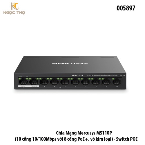 Switch PoE Mercusys MS110P – Chia mạng PoE -  8 cổng Poe | 2 uplink | 10/100Mbps | 65W | Vỏ kim loại