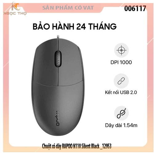 Chuột có dây RAPOO N110 Silent Black – Chuột siêu êm, bền bỉ, chính hãng, full VAT