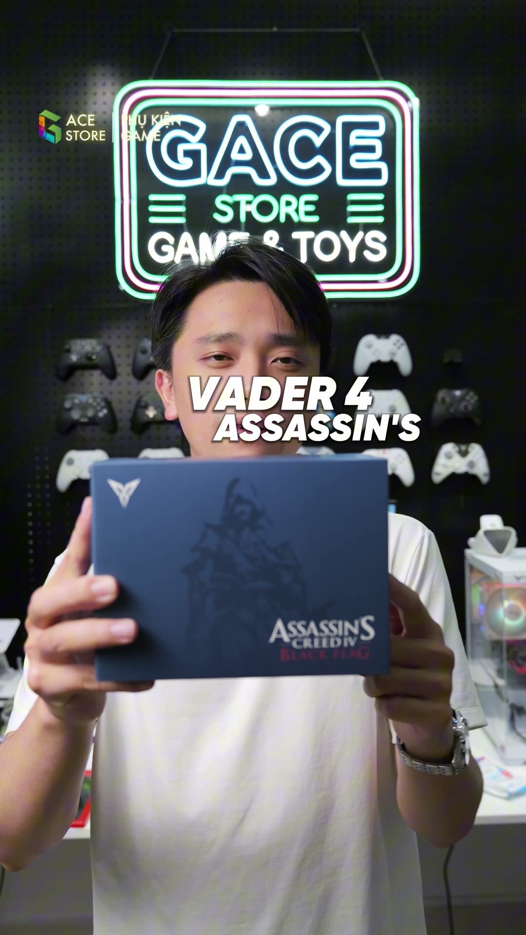 Flydigi Vader 4 trên bàn với game Assassin's Creed