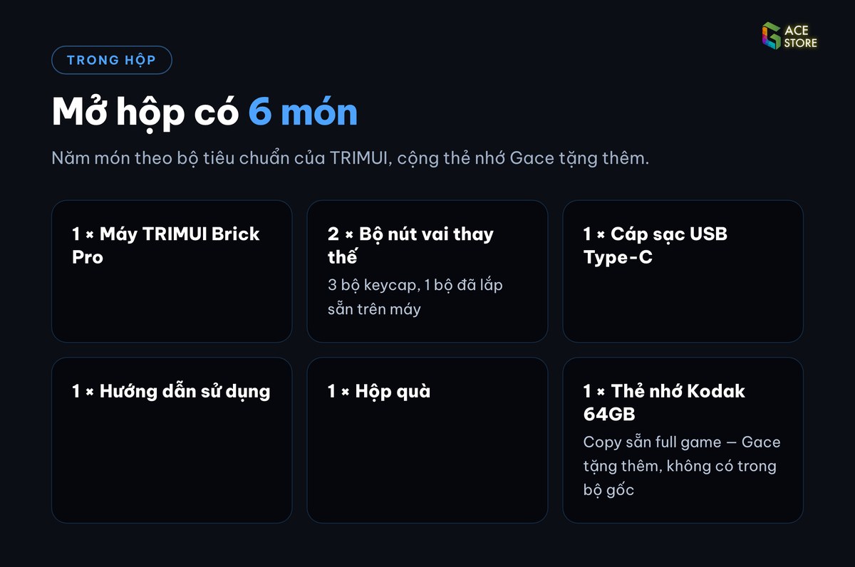 Trong hộp TRIMUI Brick Pro có 6 món