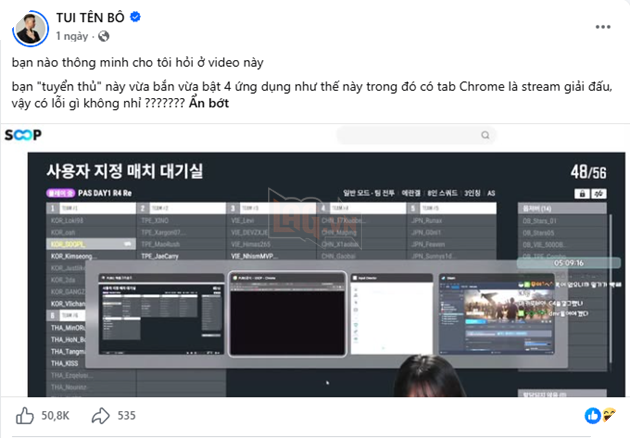 Bài đăng của streamer Rambo kèm ảnh chụp màn hình VOD của Soopi