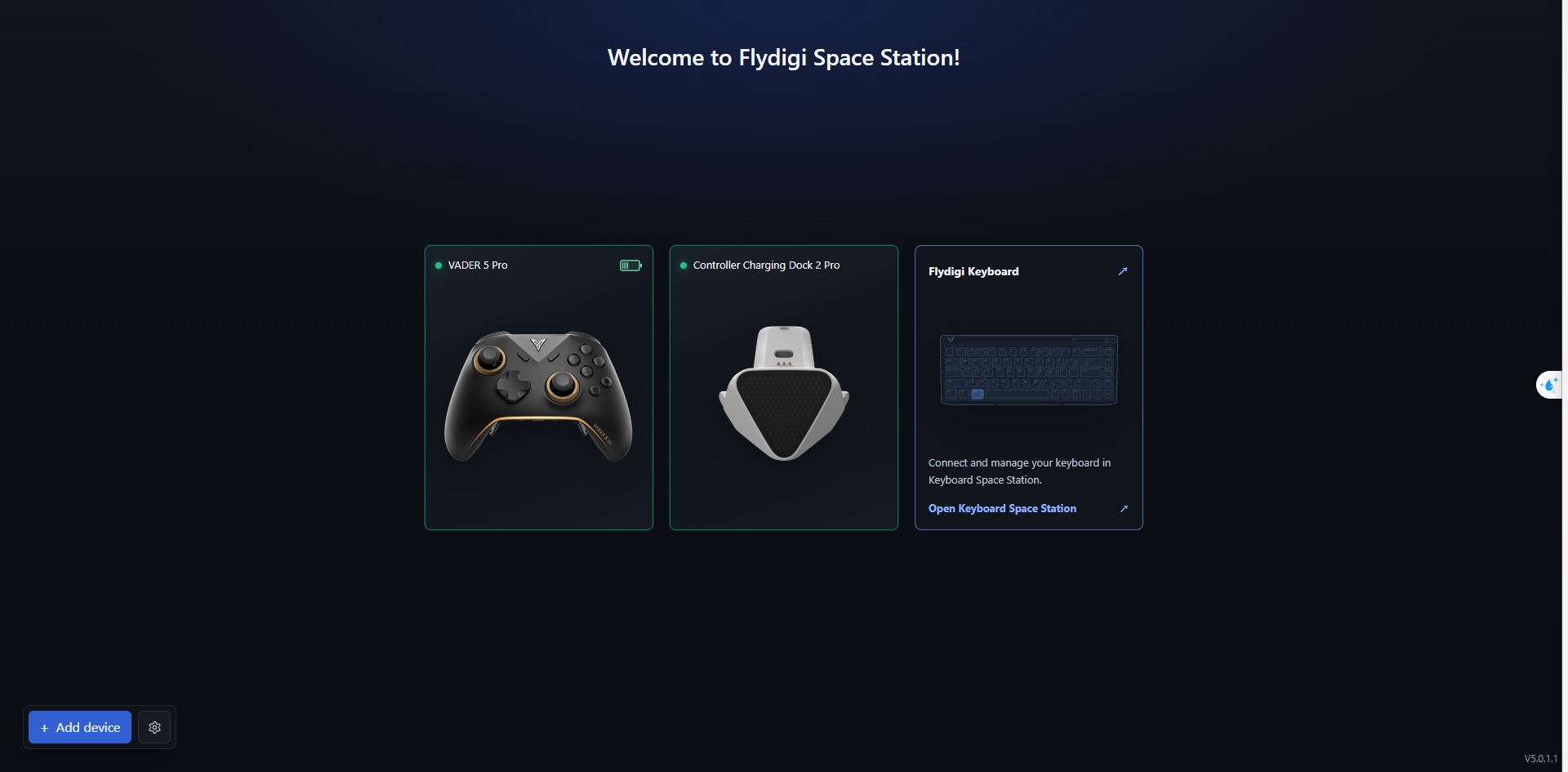 Màn hình Device Home của Flydigi Space Station với Vader 5 Pro đang kết nối
