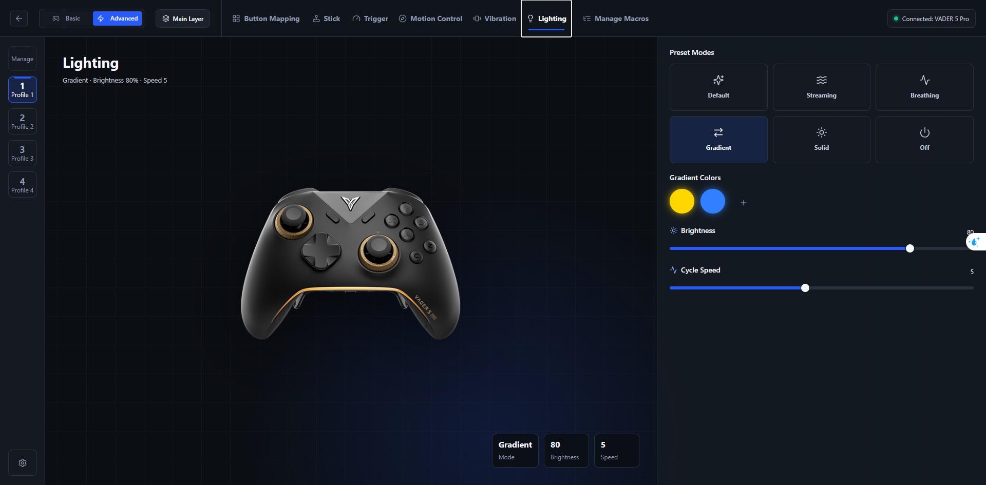 Tab Lighting với các chế độ đèn Default, Streaming, Breathing, Gradient, Solid, Off