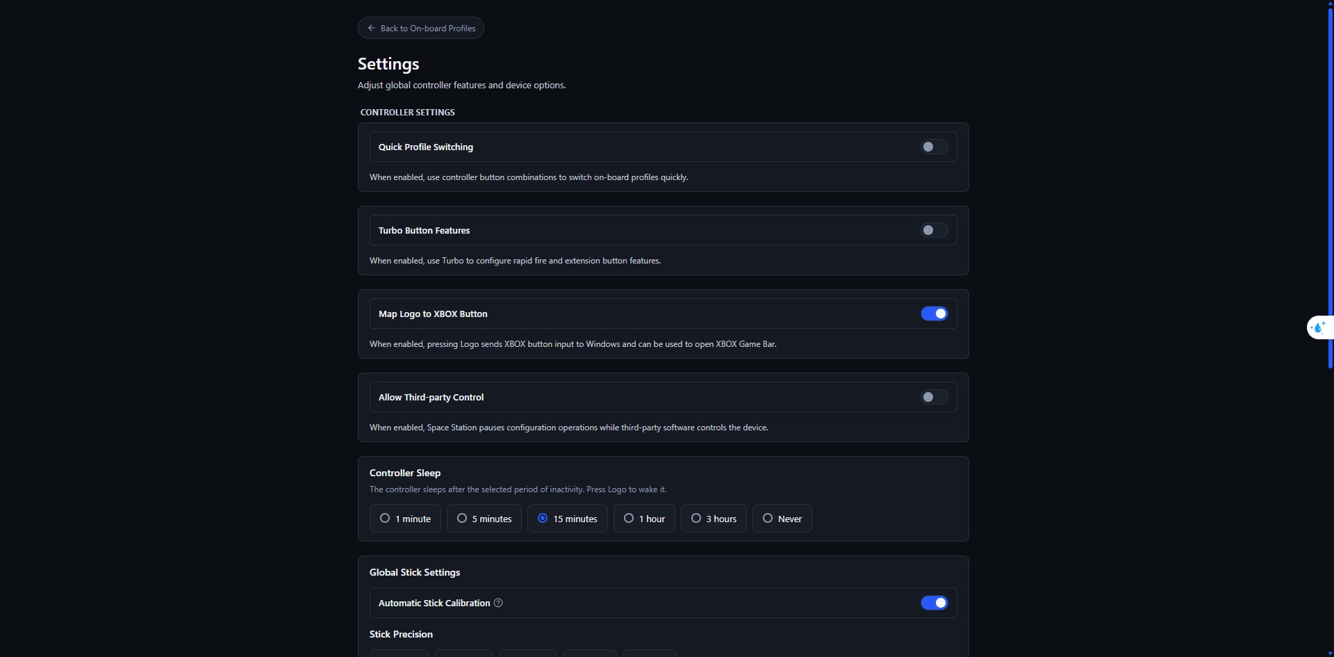 Màn hình Settings của Vader 5 Pro với tuỳ chọn Allow Third-party Control