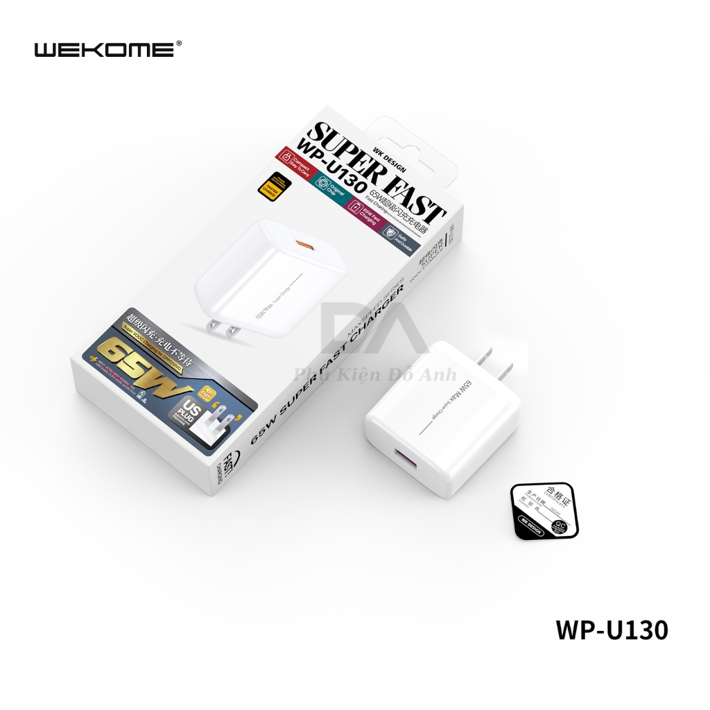 WEKOME WP-U130 Củ Sạc Siêu Nhanh Vooc 65W Dùng Cho Các Dòng Điện Thoại, Bền BỈ, Chống Cháy Nổ