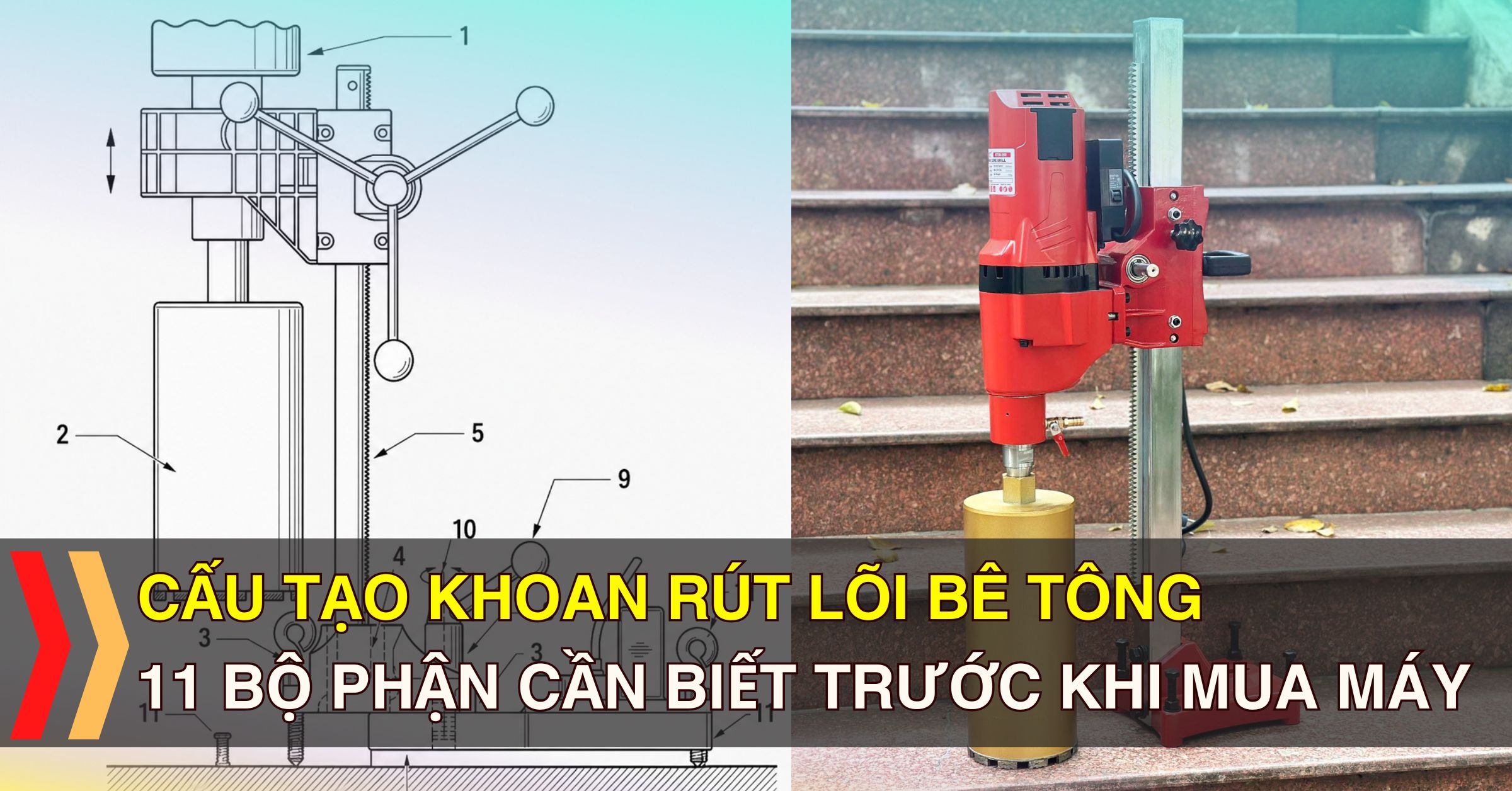 Sơ đồ cấu tạo máy khoan rút lõi bê tông Kyntec gồm động cơ, mũi khoan, chân đế và thanh ray dẫn hướng
