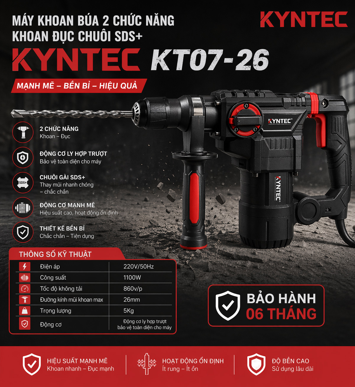 Máy Khoan Búa 2 Chức Năng Khoan Đục Kyntec KT07 thông số kỹ thuật