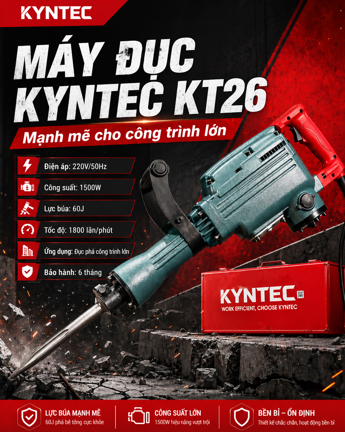 Máy đục bê tông Kyntec KT26-150 với công suất 1500W và lực búa 60J