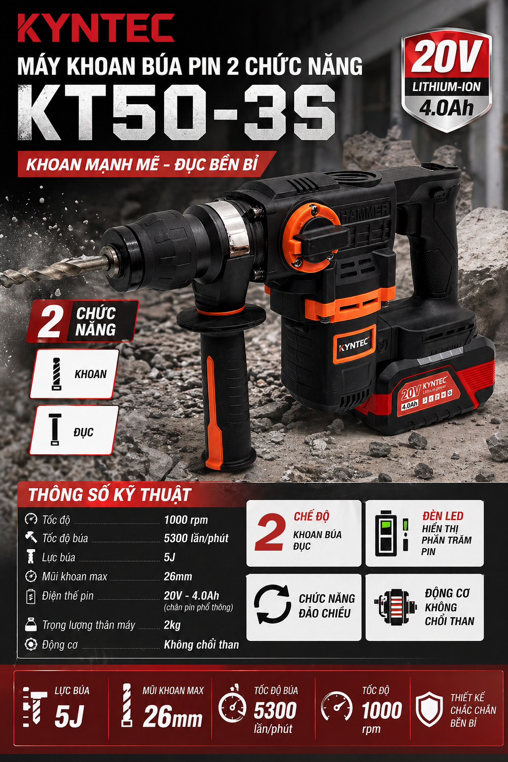 thông số Máy Khoan Búa Pin 2 Chức Năng Khoan Đục Kyntec KT50-3S