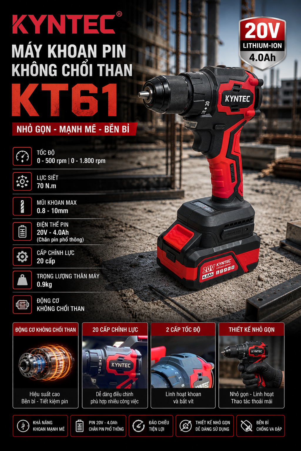Máy Khoan Pin Không Chổi Than Kyntec KT61 thông số