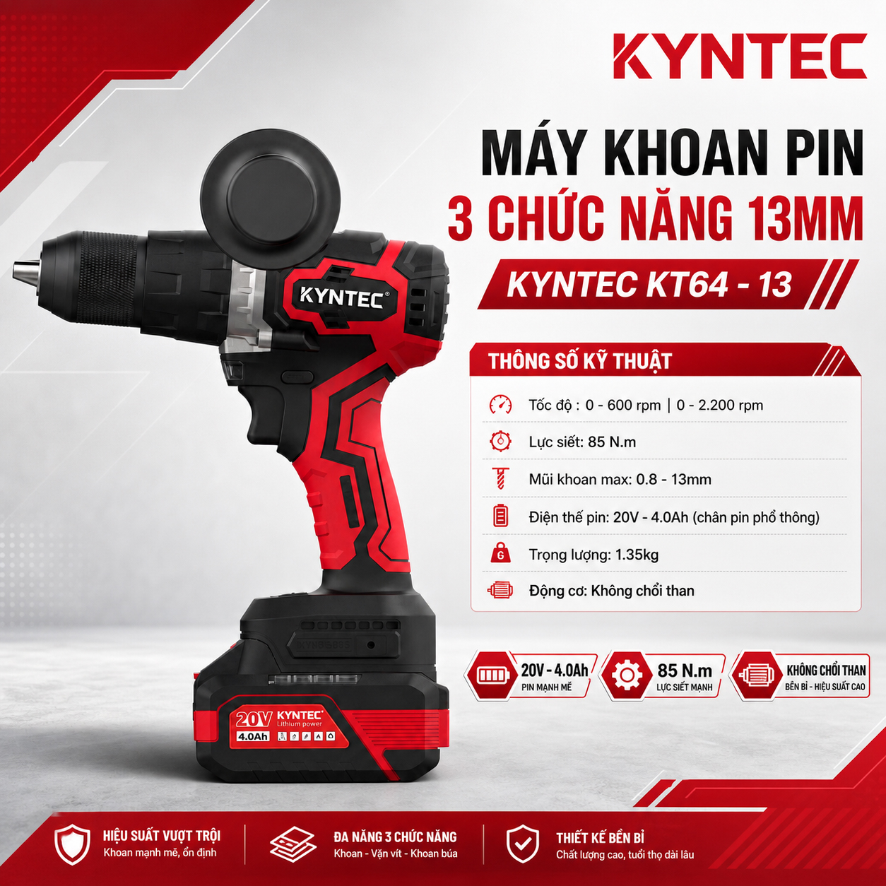Máy Khoan Pin 3 Chức Năng 13mm Kyntec KT64 thông số
