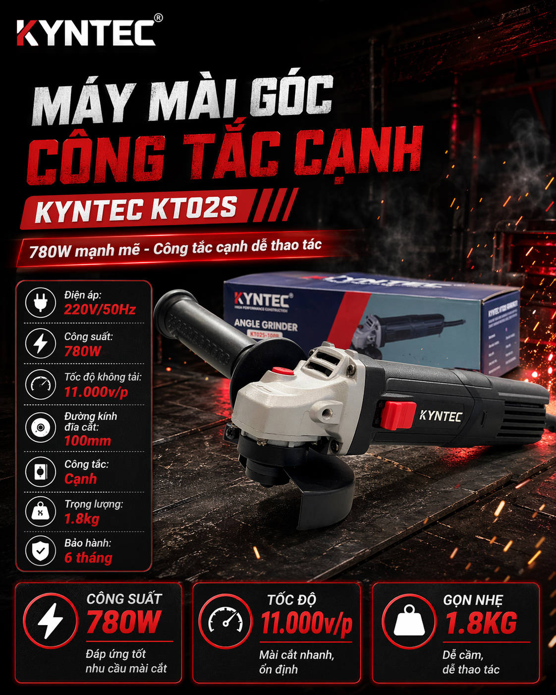 Máy Mài 100 Công Tắc Cạnh Kyntec KT02S thông số kỹ thuật