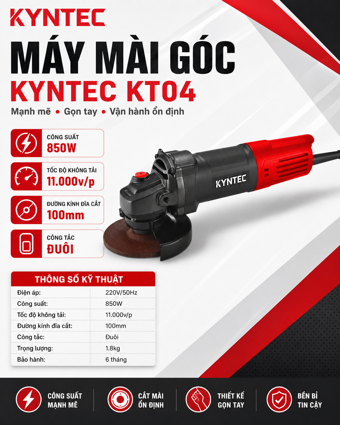 Thông số kỹ thuật Kyntec KT04 máy mài góc công suất cao