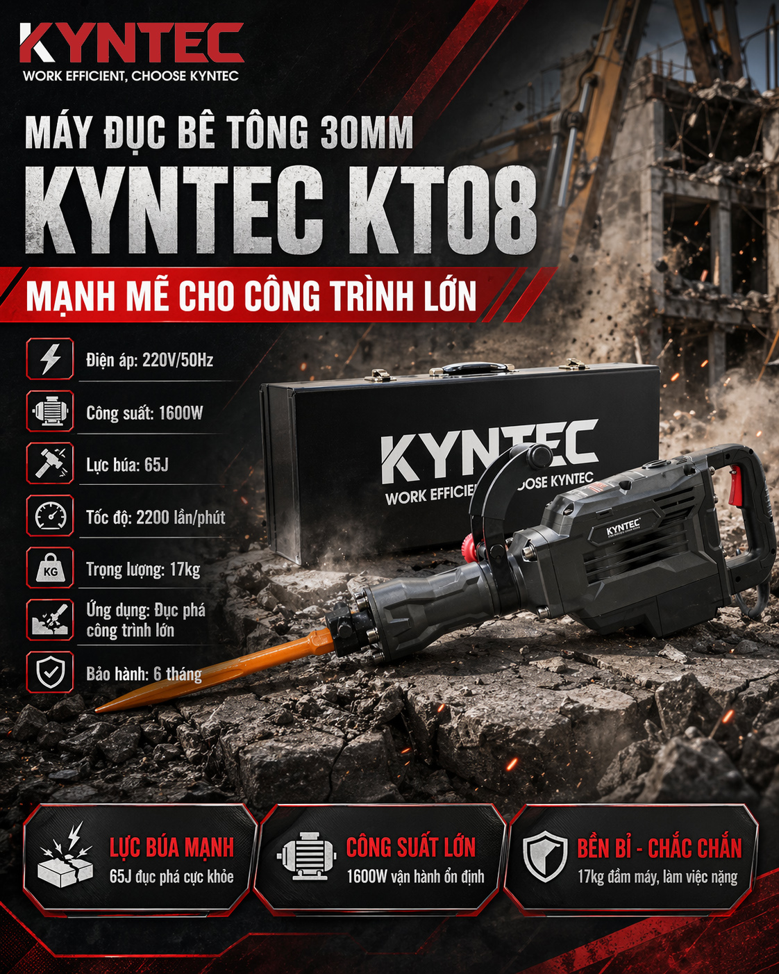 Máy Đục Bê Tông 30MM PH65 Kyntec KT08 thông số kỹ thuật